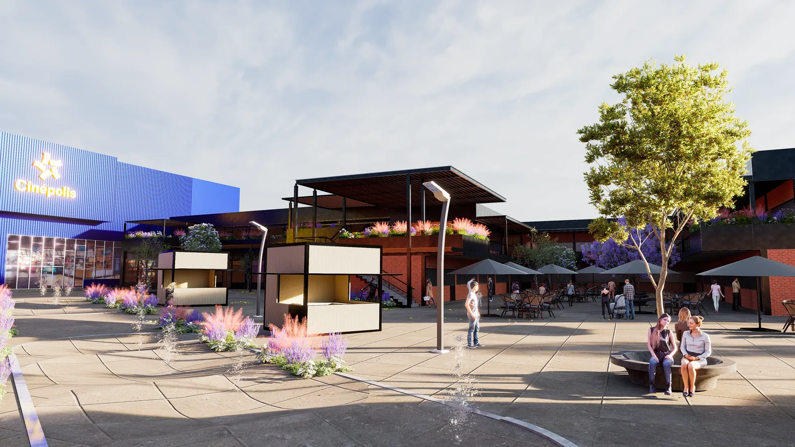 Render del andador comercial interior, con Cinépolis a la izquierda. Imagen oficial del proyecto.