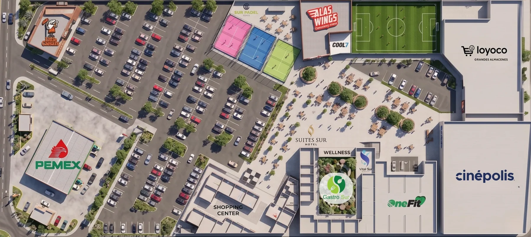 Plano comercial difundido por la desarrolladora. Las marcas que aparecen son ilustrativas: al cierre de esta nota, la única confirmada públicamente es Cinépolis.